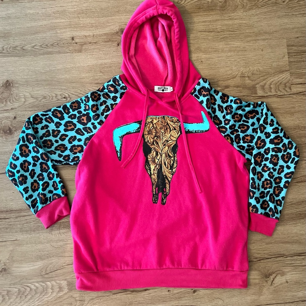 Crazy Train Cow Skull Hooded Sweatshirt Size Large